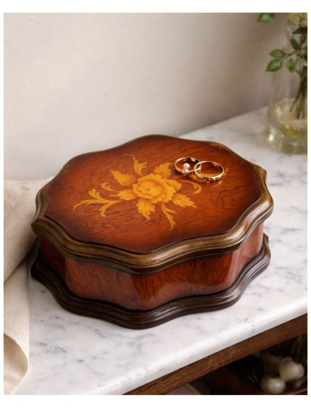 Vintage Wooden Jewelry Box Floral Inlay Maroon Velvet Interior Trinket Box Vanit